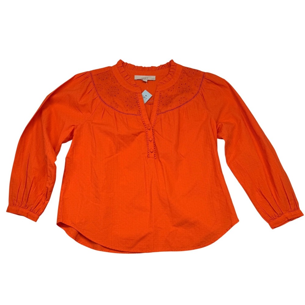 LOFT Petites Orange Eyelet Embroidered Cotton Linen Blouse SP NWT 34208861